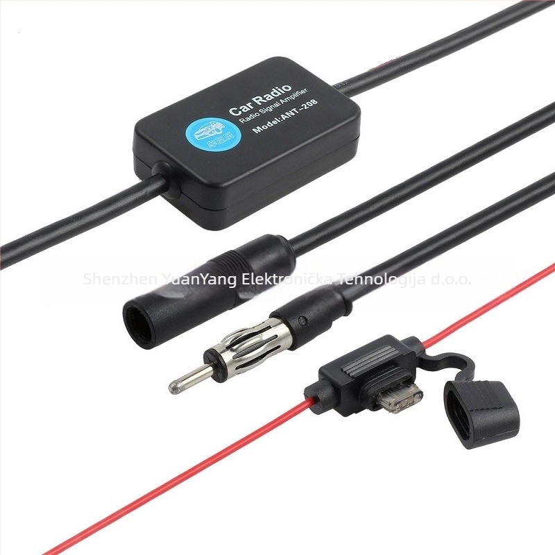 Automobilski AM/FM pojačivač signala i antena, model yy2021, dobitak 25 dBi, raspon 48–860 MHz, impedancija 50 Ω, napon 12 V