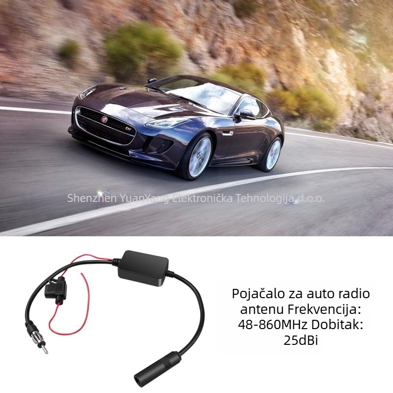 Automobilski AM/FM pojačivač signala i antena, model yy2021, dobitak 25 dBi, raspon 48–860 MHz, impedancija 50 Ω, napon 12 V