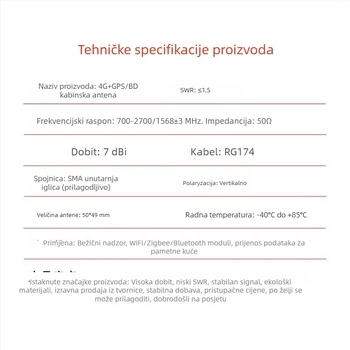 GPS BeiDou gljiva antena, 4G dvodijelna ormarić antena, vodootporna, satelitsko pozicioniranje za punionice; raspon frekvencija 700–2700/1568 MHz; dobitak 7/28 dBi; impedancija 50 Ω; SWR ≤1.5; napajanje 3–5 V