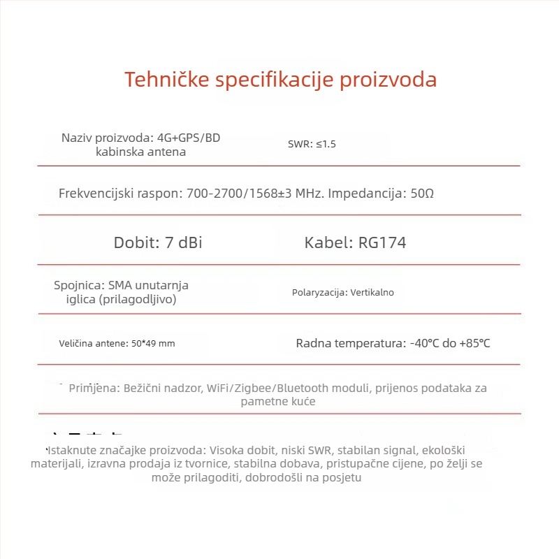 GPS BeiDou gljiva antena, 4G dvodijelna ormarić antena, vodootporna, satelitsko pozicioniranje za punionice; raspon frekvencija 700–2700/1568 MHz; dobitak 7/28 dBi; impedancija 50 Ω; SWR ≤1.5; napajanje 3–5 V