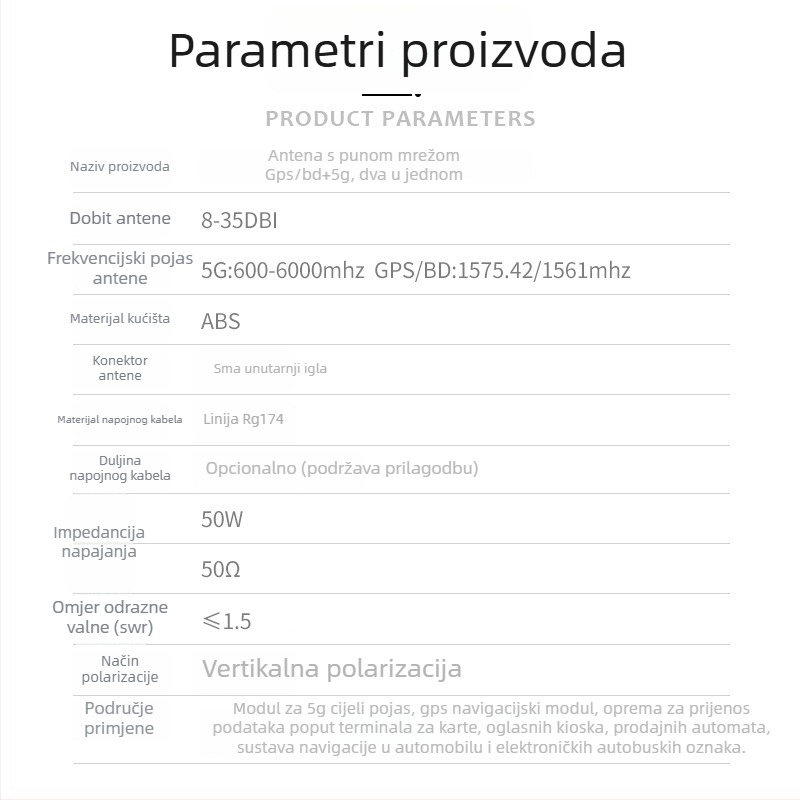 Vanjska vodootporna aktivna antena za 5G i GPS, dvobandna za pozicioniranje i navigaciju, SMA muški kabel dužine 1 m, SWR ≤ 1.5