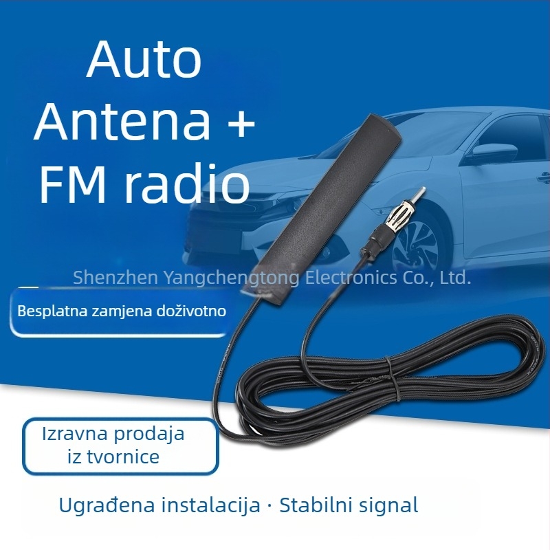 Patch antena za auto audio i FM radio, model YCT-025, dobitak 3,5 dBi, raspon frekvencija 174–433–868 MHz, impedance 75 Ω, SWR ≤ 1,5, napajanje 3–5 V