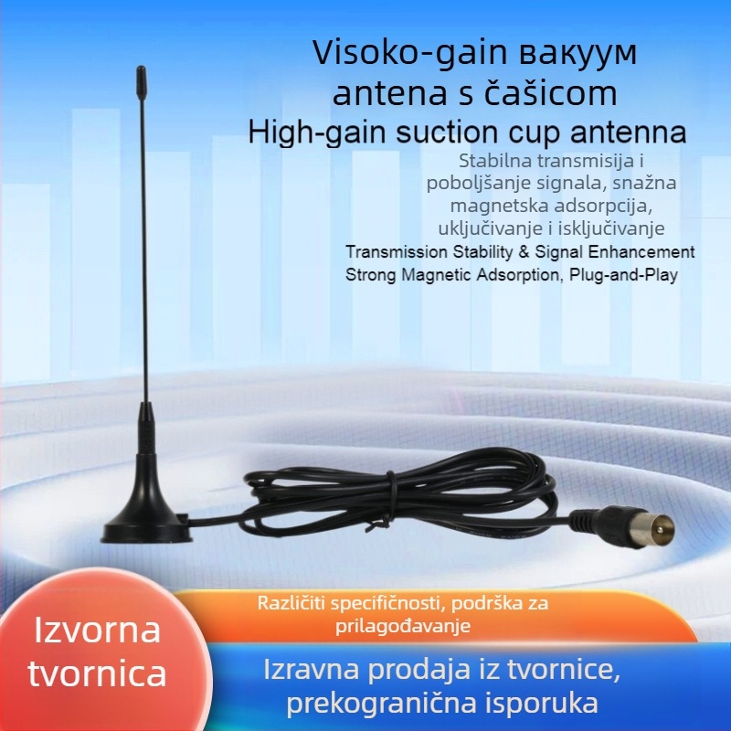 DVB-T unutarnja antena s usisnom čašom, visok dobitak za digitalnu TV, kabel 1,5 m