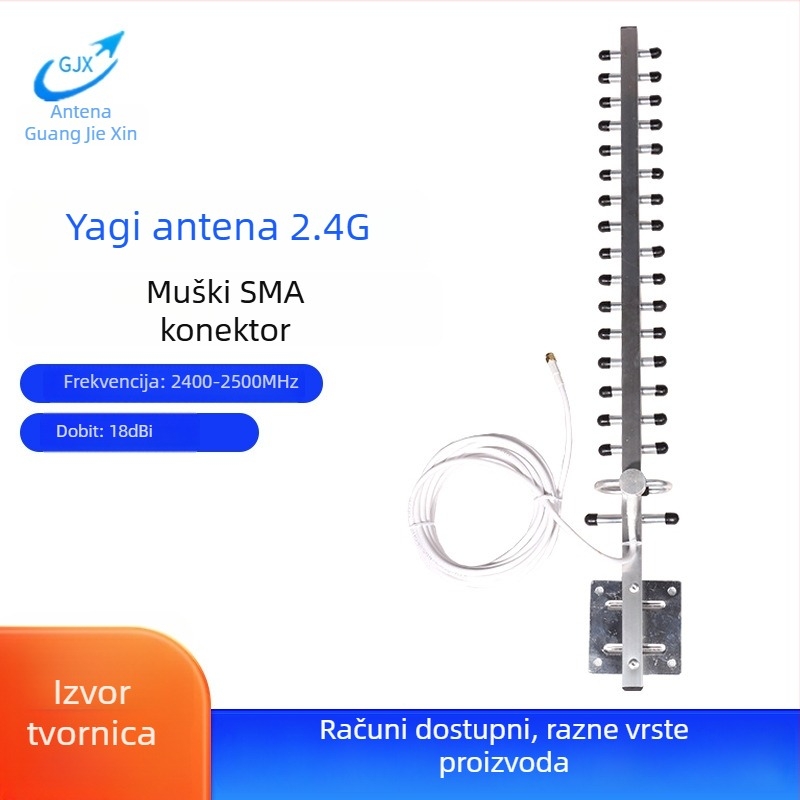 18-elemenata Yagi antena, usmjerenog tipa, dobitak 20 dBi, 2400–2500 MHz, 50 Ω, SWR ≤ 1.5