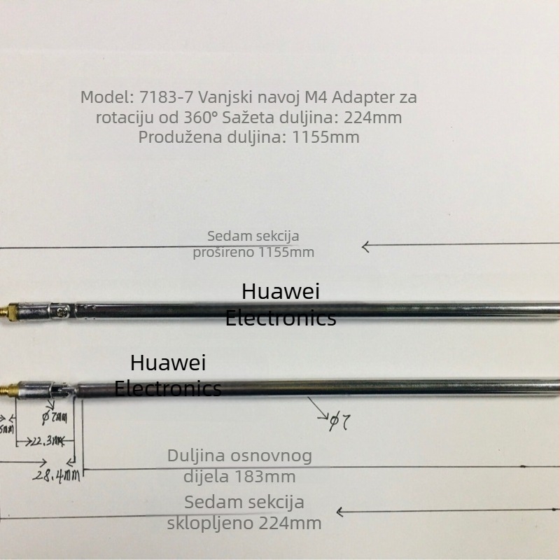 Teleskopska antena HW 7183-7 s vanjskim navojem M4, 360° rotacija, za TV
