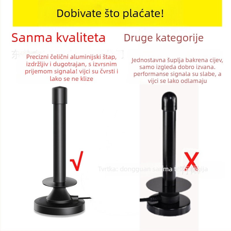 Cilindrična HD antena za unutarnju i vanjsku digitalnu televiziju, magnetska baza i omnidirekcijski vakuumski nosač