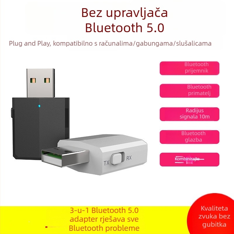 Tri u jednom USB Bluetooth 5.0 audio adapter (prijemnik i odašiljač) — USB + 3,5 mm, Plug‑and‑Play, 10 Mbps, domet 20 m