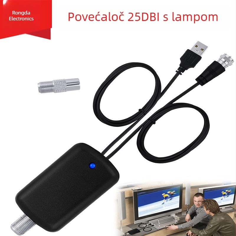 Unutarnja antena za digitalnu zemaljsku TV s pojačalom, dobitak 25 dBi, raspon frekvencija 470–860 MHz, impedancija 75 Ω, SWR ≤ 1,5, napajanje 5 V