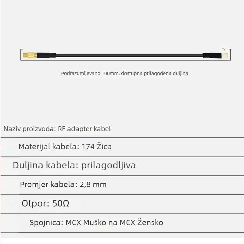MCX ravna žena na MCX zakrivljeni muški produžni kabel RG174 s pletenim bakrenim vodičem