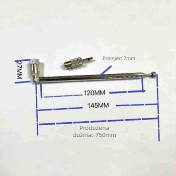 F head 7120 teleskopska FM antena, set od 5 dijelova, TV muški 3,5 mm BNC priključak
