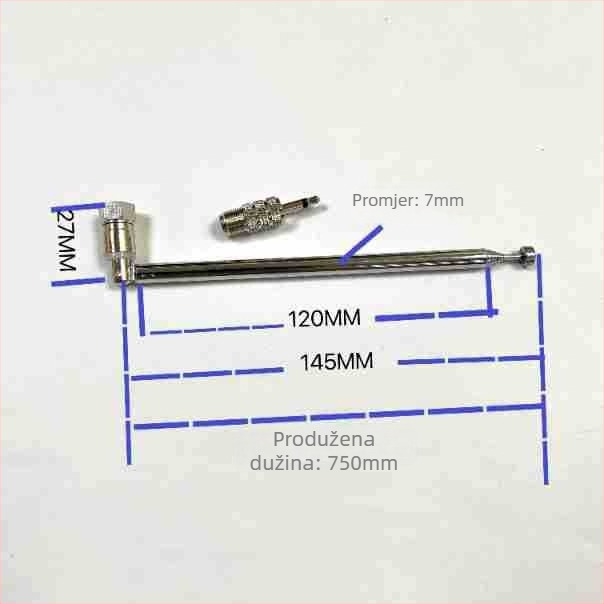 F head 7120 teleskopska FM antena, set od 5 dijelova, TV muški 3,5 mm BNC priključak