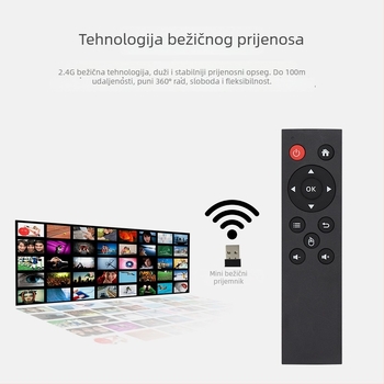 2.4G bežični daljinski upravljač s USB sučeljem za set-top kutije, računala, projektore i Android uređaje — domet 15–20 m; USB prijemnik uključen; model X1201-126