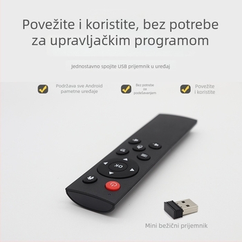 2.4G bežični daljinski upravljač s USB sučeljem za set-top kutije, računala, projektore i Android uređaje — domet 15–20 m; USB prijemnik uključen; model X1201-126