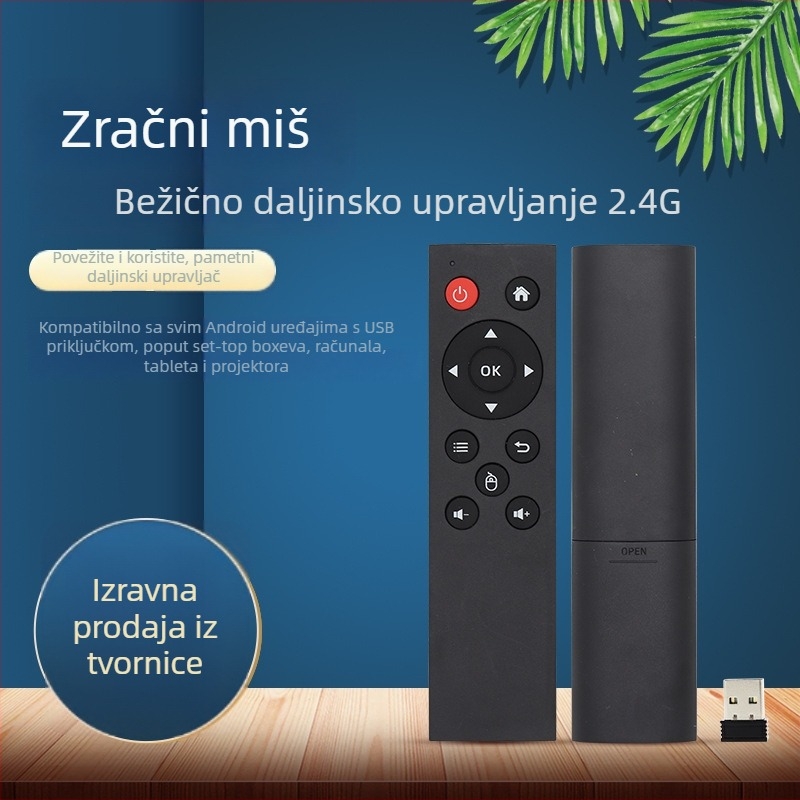 2.4G bežični daljinski upravljač s USB sučeljem za set-top kutije, računala, projektore i Android uređaje — domet 15–20 m; USB prijemnik uključen; model X1201-126