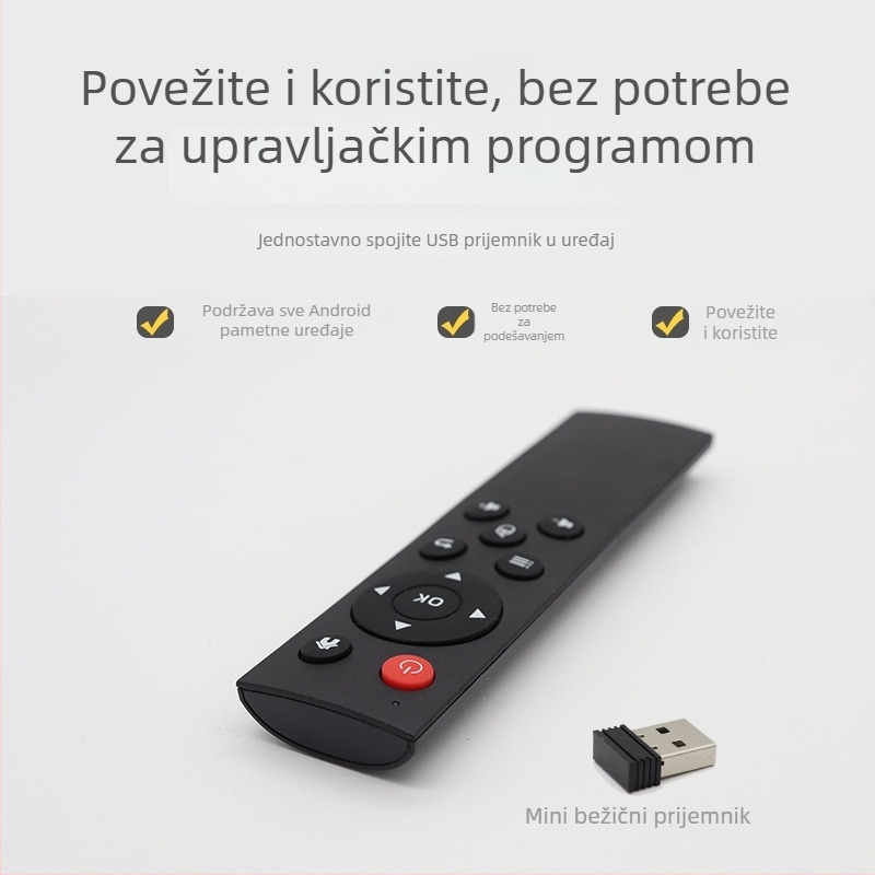 2.4G bežični daljinski upravljač s USB sučeljem za set-top kutije, računala, projektore i Android uređaje — domet 15–20 m; USB prijemnik uključen; model X1201-126