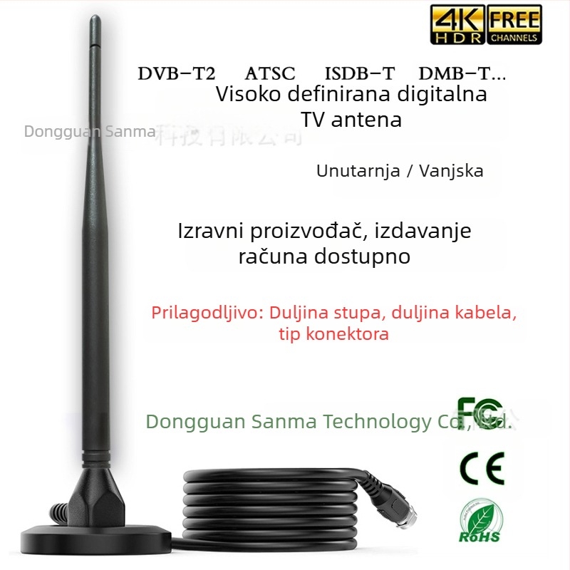 Unutarnja TV antena, dobitak 25, raspon frekvencija 174–240 / 470–862 MHz, impedancija 75 Ω, SWR ≤ 1,5