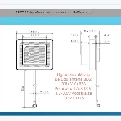 HD183T124 Ugrađena aktivna dvopojasna Beidou antena, podržava B1I, B1C, B2A i GPS L1/L5