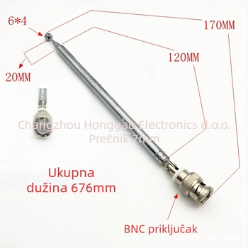 Teleskopska antena za radio, model 7120BNC, BNC priključak, frekvencija 433 MHz, impedancija 75 Ω