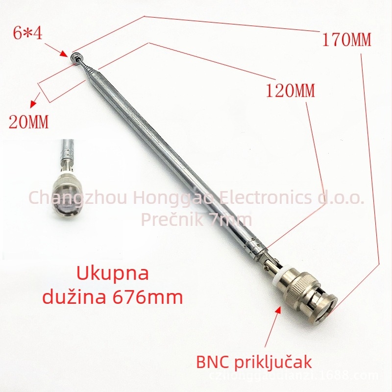 Teleskopska antena za radio, model 7120BNC, BNC priključak, frekvencija 433 MHz, impedancija 75 Ω