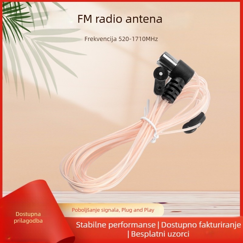 Kućna FM antena za poboljšanje prijema signala, prozirna, 2 m duljine, dvostruki paralelni kabel, muški priključak