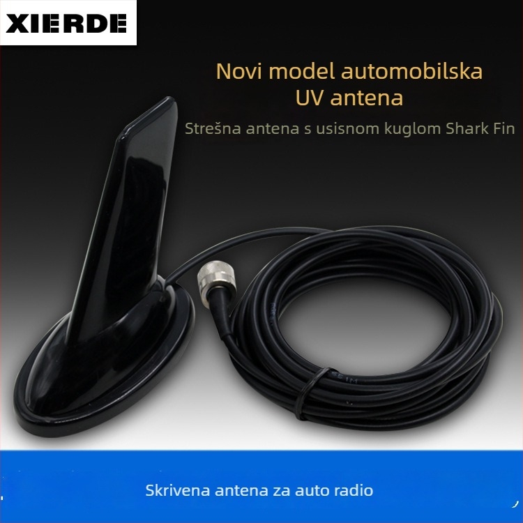 Automobilska antena za radio-stanicu s dizajnom ajkine peraje; dvopojasna 136-174/400-480 MHz, dobitak 3.5, impedance 50 Ω, SWR ≤ 2