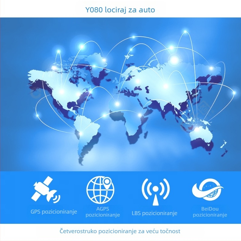 Automobilski GPS lokator s anti‑theft nadzorom, model Y080, točnost GPS 5 m, ugrađena antena (FPC mrežni + keramika GPS), vanjsko napajanje 9–100 VDC, načini alarma: vibracija, prekid napajanja, SOS