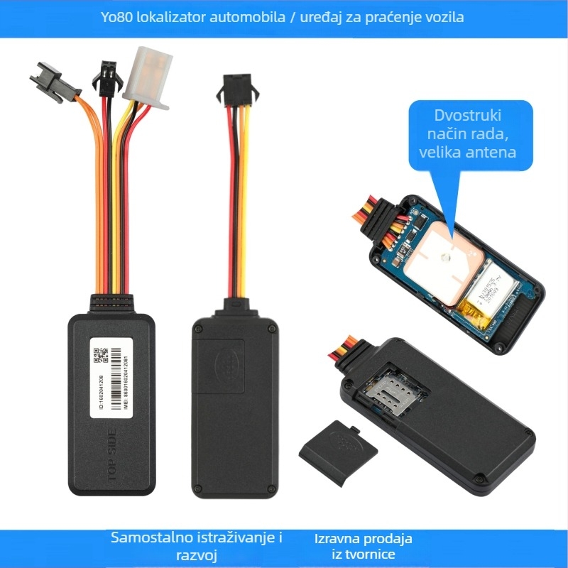 Automobilski GPS lokator s anti‑theft nadzorom, model Y080, točnost GPS 5 m, ugrađena antena (FPC mrežni + keramika GPS), vanjsko napajanje 9–100 VDC, načini alarma: vibracija, prekid napajanja, SOS