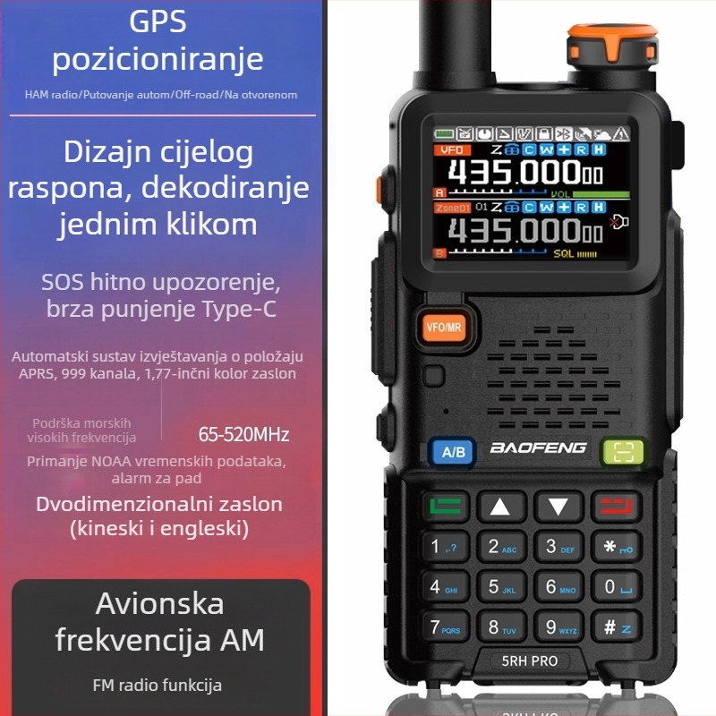 Baofeng 5RHPro ručna radio s GPS i APRS, domet 3–5 km, baterija 5000 mAh, otporan na prašinu, s zaslonom