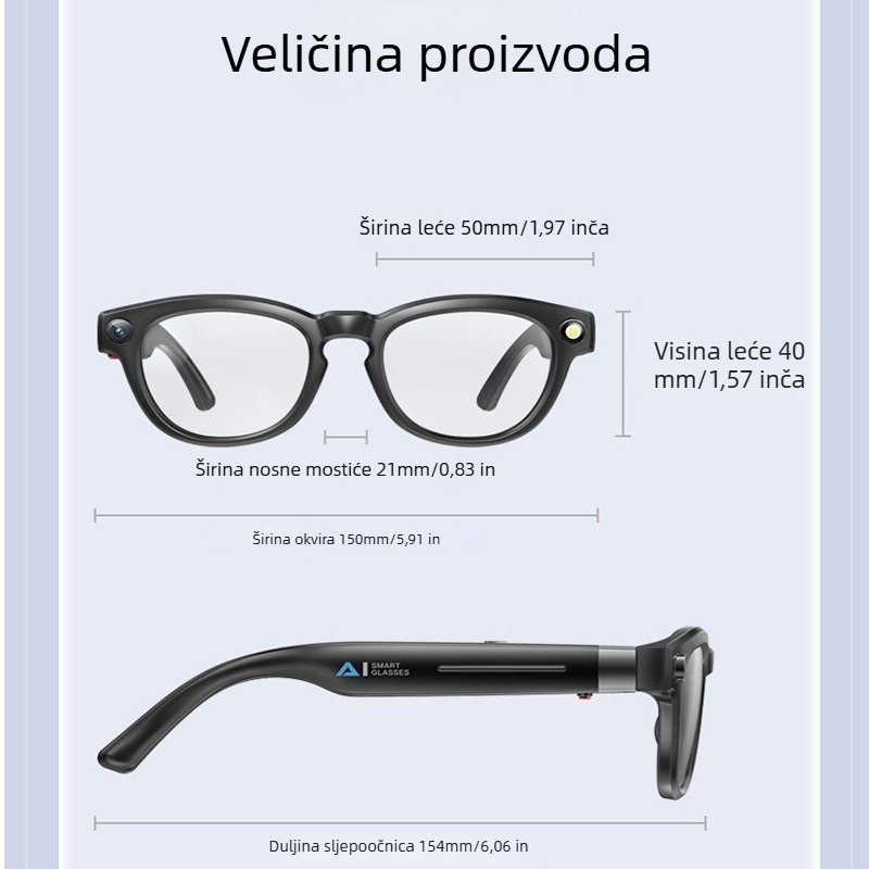 Q8 AI pametne naočale s kamerom 8MP, 32GB memorija, zaslon 50×40 mm, 290mAh baterija, Bluetooth glazba