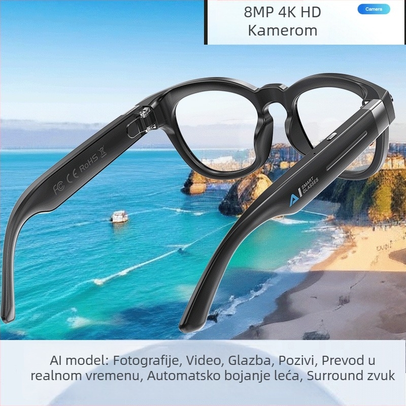 Q8 AI pametne naočale s kamerom 8MP, 32GB memorija, zaslon 50×40 mm, 290mAh baterija, Bluetooth glazba