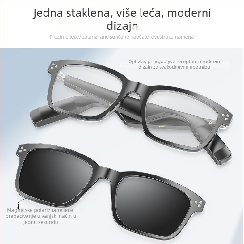 Pametne Bluetooth naočale s AI glazbom, magnetska rama leće, zaštita od plave svjetlosti i UV, ABS+PC kućište, baterije 2×110 mAh, domet 10 m+