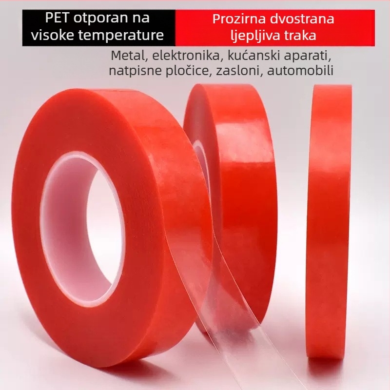 Crvena PET dvostruka traka s visokom temperaturnom otpornošću, prozirna, snažno acryl ljepilo, ultra tanka, bez ostataka, rezanje kalupom
