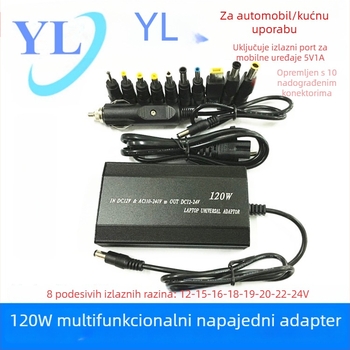120W dvostruki punjač za automobil i dom s USB priključkom i 10 adaptera, izlaz 12–24V