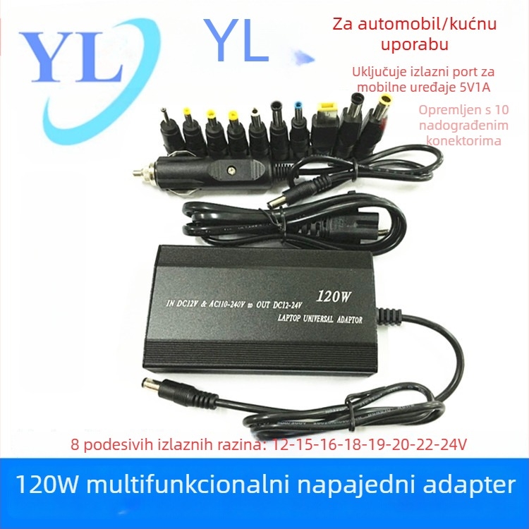 120W dvostruki punjač za automobil i dom s USB priključkom i 10 adaptera, izlaz 12–24V