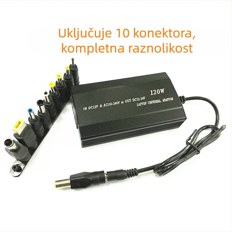 120W dvostruki punjač za automobil i dom s USB priključkom i 10 adaptera, izlaz 12–24V