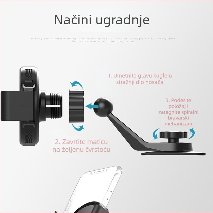 Zamjena glavnog tijela držača za telefon u vozilu – 17 mm univerzalna kuglična glava, ljepilno pričvršćivanje na ploču, 360° rotacija, podesivo
