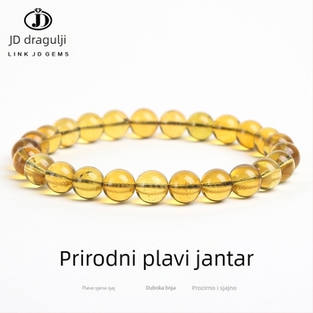 Narukvica od prirodnog plavog jantara s okruglim perlicama, ručna izrada, unisex, elegantan geometrijski dizajn, pogodna kao poslovni dar