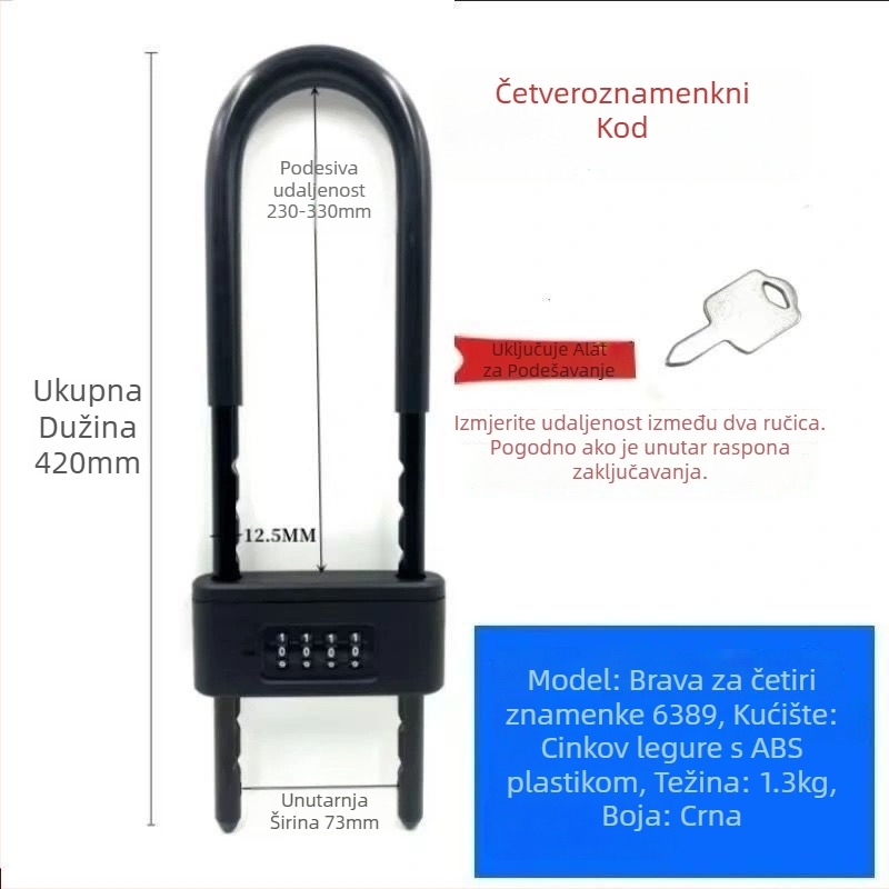 U-oblika zaključavanje s lozinkom za trgovine, dvostruka vrata – zaštita od krađe, metalno tijelo; Tip: kombinacijski sigurnosni lokot; Model: Drugo; Opseg primjene: Drugo
