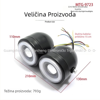 Motociklističko LED prednje svjetlo s okruglim retro dizajnom i anđelskim očima, model MTG-9723, 15W, 12V, 3000LM, 30000h