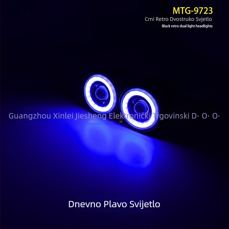 Motociklističko LED prednje svjetlo s okruglim retro dizajnom i anđelskim očima, model MTG-9723, 15W, 12V, 3000LM, 30000h