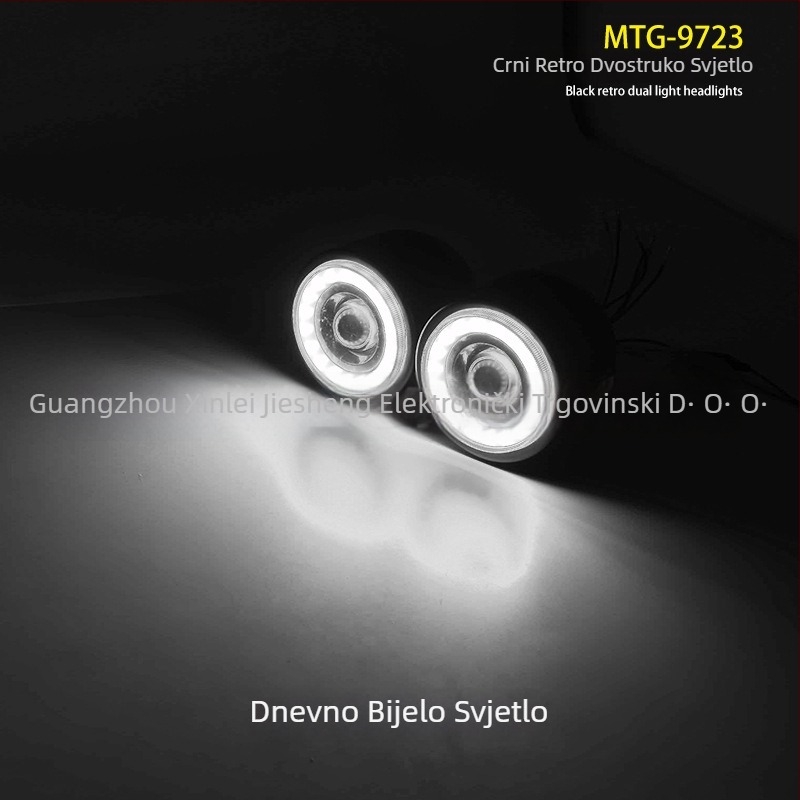 Motociklističko LED prednje svjetlo s okruglim retro dizajnom i anđelskim očima, model MTG-9723, 15W, 12V, 3000LM, 30000h