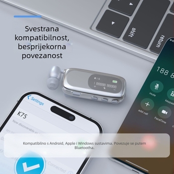 K75 Bluetooth slušalica s klipom za automobil - izvlačivi mikrofon, dugo trajanje baterije (>8 sati), Bluetooth 5.4, višepunktno povezivanje, digitalni zaslon