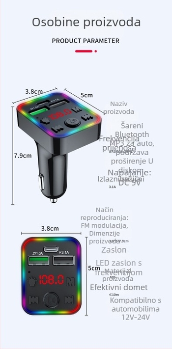 Auto MP3 player s Bluetoothom za utičnicu upaljača – model F-22, 12–24 V, FM funkcija, trajanje reprodukcije 8888, mono zaslon