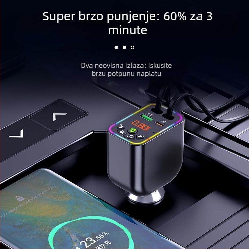 Automobilski Bluetooth MP3 player i punjač Y5 s izvučljivim kabelom 4u1, FM transmiter, USB punjenje, ulaz 9–26V