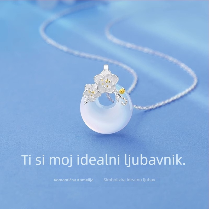 Nakit od srebra 925 s kalcedonijem i cvijetom kamelije, križni lanac i privjesak u obliku luka