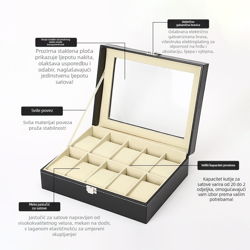 Kutija za satove od PU kože, luksuzna, s 10 pretinaca, kutija za izlaganje