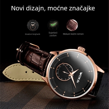 Wokai muški kvarc sat, jednostavan poslovni retro stil, analogniji prikaz, promjer brojčanika 40 mm, kožni remen