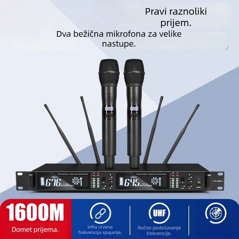 Crown Star 100S bežični mikrofon – 1→2 istinska diverzija, anti‑feedback, superkardioidni, zamjenjiva baterija 1000–1200 mAh, trajanje baterije 3–6 h, za KTV, kućni nastup, pozornica