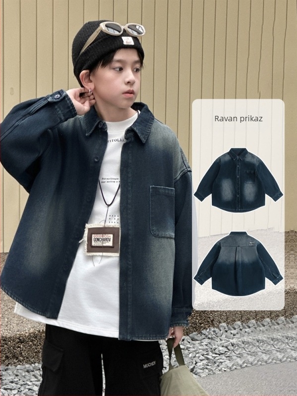 Dječja džins jakna s plišastim podstavom, korejskog stila, meko obrađen denim, dugi rukavi