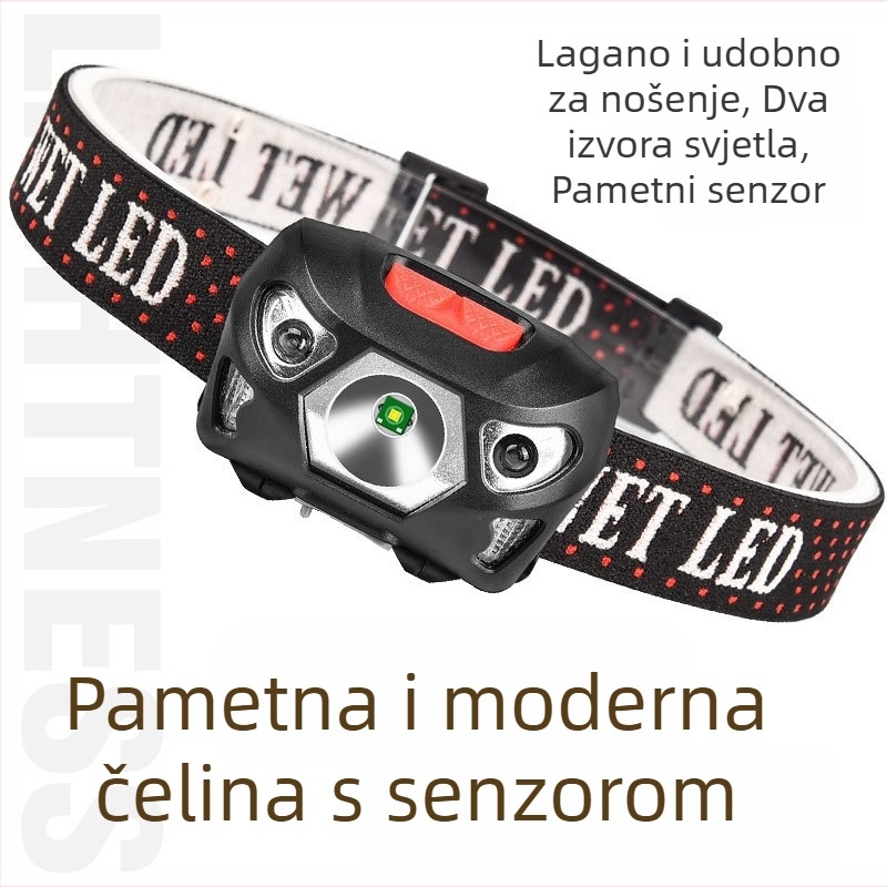 LED čelna lampica USB punjiva, za ribolov i noćne šetnje, 1200 mAh baterija, LED izvor, domet 100–200 m